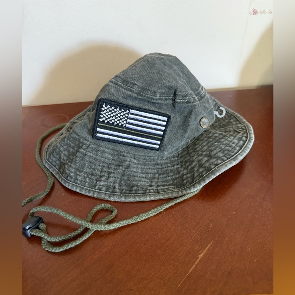 Olive Green Bucket Hat with Flag Patch